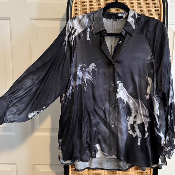 All Saints Silk Blend Blouse Long Sleeve Button up Lovely All Over Horse Print! - Picture 6 of 8